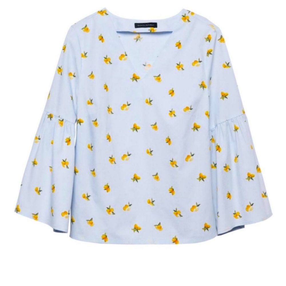 Banana Republic Women's Light Blue w Yellow Lemon Motif 3/4 Bell Sleeve Blouse S